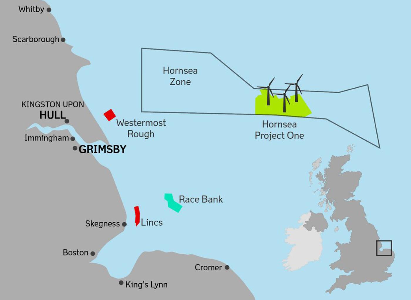 Figure 2. Hornsea Project One, North Sea Location Map. Reprinted from offshoreWIND.biz. https://www.offshorewind. biz/2016/02/03/video-how-big-is-hornsea-project-one/